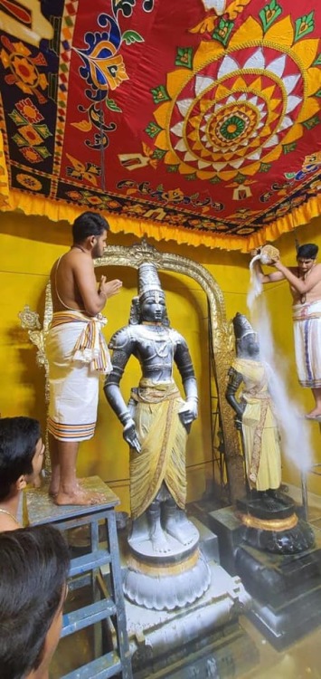 Abhiseka (holy bath) of Rukmini and Panduranga (Krishna),  Thennangur Panduranga Temple, Tamil Nadu