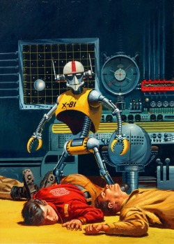 mortifiedandawesome:  brudesworld:  Ed Valigursky cover art for Conquest of the Space Sea, 1955  This filing cabinet manager robot has become a renegade! Drat that Dr. Wily! 