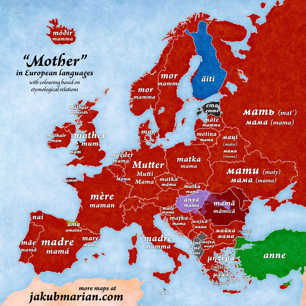 thats-so-meme: mapsontheweb: “Mother” in European languages. In Morocco, Algeria