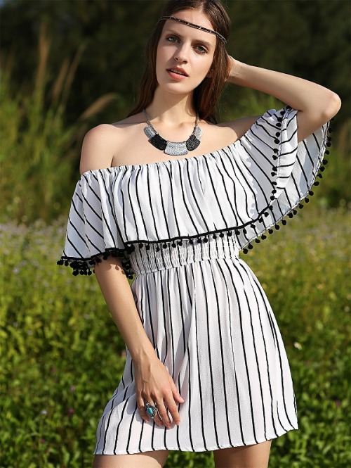 Striped Short Sleeve Off The Shoulder Dress,you&rsquo;ll look like a beautiful fairy.Get it here-&gt