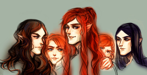 luaen:Feanor with his sons for anon.Left to right: Feanor, Amrod, Maedhros, Amras, Maglor, Celegorm,