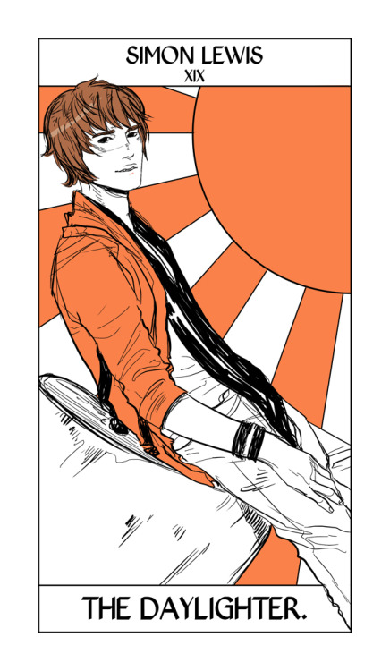 In honor of all the Simon-ness today, Simon’s card from Cassandra Jean’s Shadowhunter Tarot!  Here Simon takes the Sun Card, only as a Daylighter.