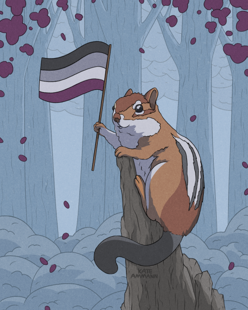 Digital illustration of a chipmunk perched on a tree stump. It holds up an asexual flag in one paw. Purple flowers fall around the chipmunk, and the background is filled with grey trees and shrubs.