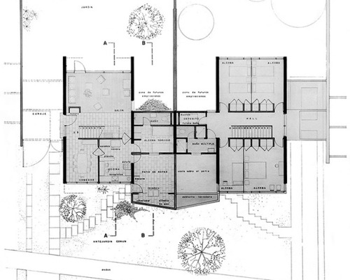 vintagehomeplans:  Colombia, 1964: Houses in Niza SouthA group of modern semi-detached houses. The average unit contains a living room, dining room, kitchen, servant’s room with shower room, and an enclosed patio on the first floor. The second floor