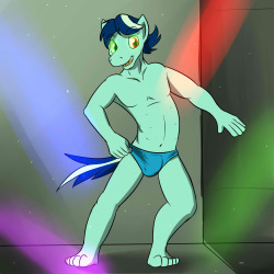 Jazzy Sparks putting on a nice show for the paying patrons of the Green Glow Club. &mdash; The stallion moaned and danced on the stage. Clad in naught but bikini briefs, he groped and played with his bulge for an empty bar. The mental high he felt was