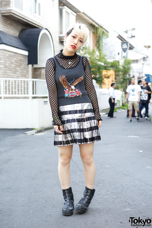 Eriko from Bubbles Harajuku in mesh top w/ Harley Davidson tank, miniskirt &amp; Guess boots.