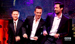 idontwannathink-anymore:  James McAvoy, Michael Fassbender and Hugh Jackman having fun at the Graham Norton Show 