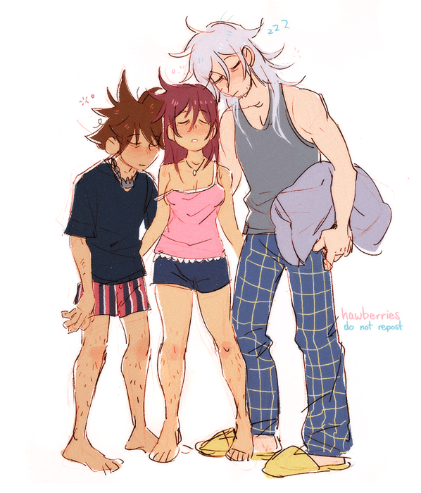 hawberries:  pyjama party (sora stole riku’s t-shirt)[img: a drawing of sora, kairi