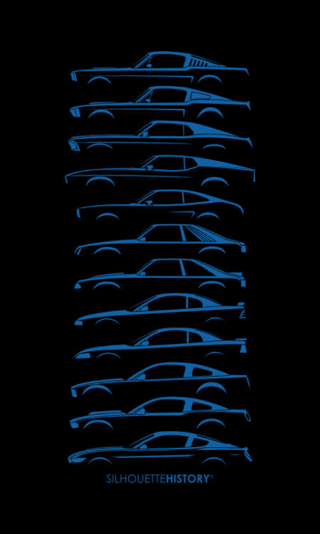 silhouettehistory:  Ford Mustang SilhouetteHistory Silhouettes of Ford Mustang fastback. Model years: 1965, 1968, 1969, 1971, 1975, 1981, 1989, 1995, 2000, 2005, 2010, 2015