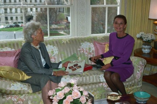 Audrey Hepburn and Barbara Bush photographed by Vince Manning at the White House, 1989