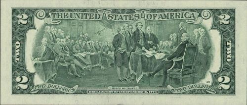 Reverse of the US $2 bill issued in 1976, based on John Trumbull’s painting Declaration of Ind
