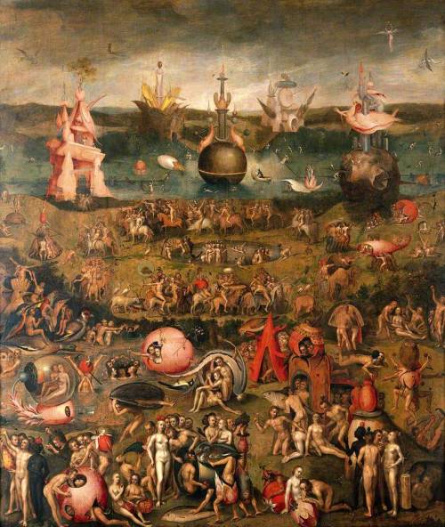 blackpaint20:  Hieronymus  Bosch/Copies and paraphrasesCentral panel. circa 1500. oil on panel. 131.8 × 130.2 cm (51.9 × 51.3 in). London, Wellcome Collection.