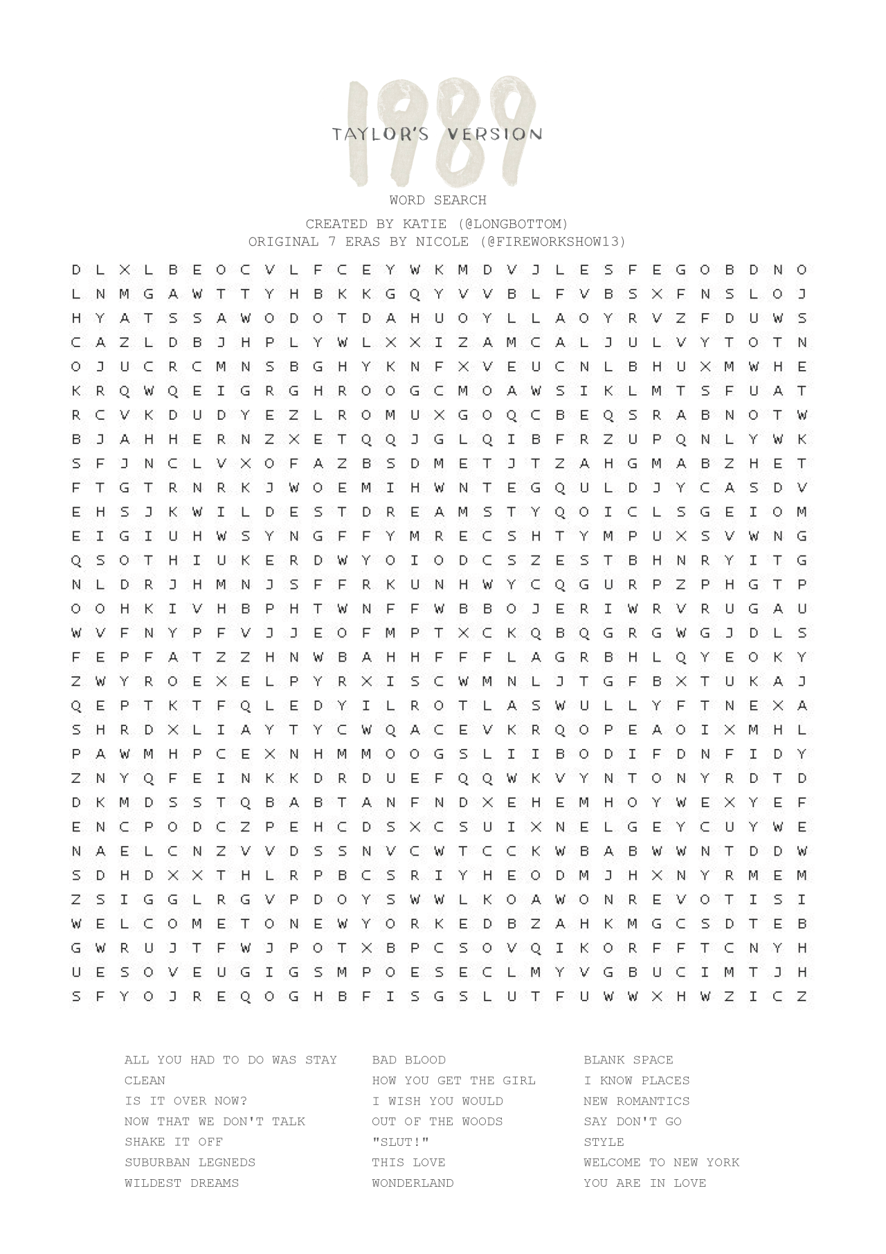 Download Word Search on Taylor Swift