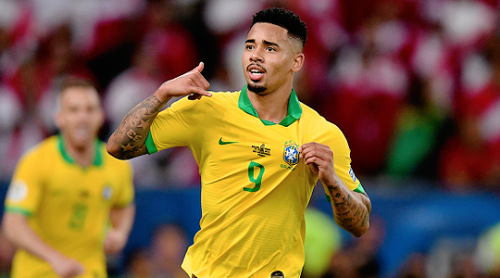 Gabriel Jesus of Brazil celebrates after scoring the second goal of his team during the Copa America