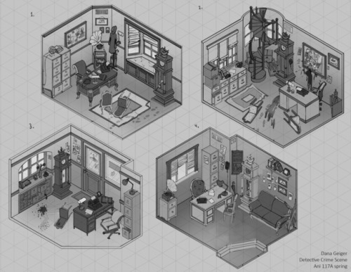 Some Isometric designs from my Ani117a VisDev class. Each one had to have a crime related to a grand