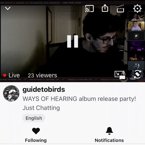 Hey! @thegoalieband is live! Goooooo watch! Twitch.tv/guidetobirds https://www.instagram.com/p/CI9Xn