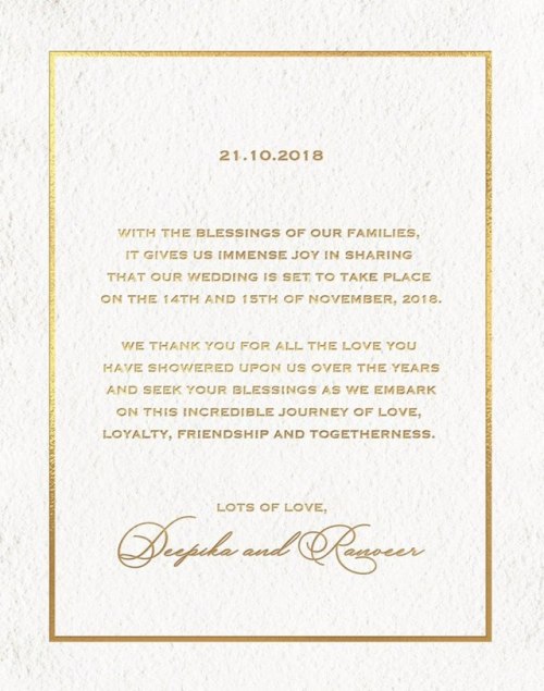 And it’s official!Deepika & Ranveer getting hitched!From Deepika Padukone’s FB