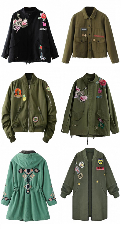 letmelivethafantasyy:  Must-Have Coats & Jackets>> *Free shipping worldwide* Floral Parka Coat Raw Hem Denim Jacket  Pineapple Patches Cropped Bomber Jacket  Floral Detail Studded Parka Jacket  Green Patterned Zip Up Hooded Coat   Army Patch