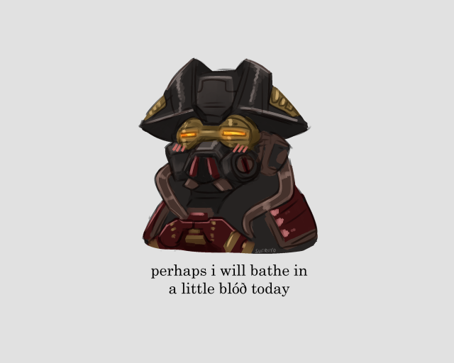 a tiny chibi of bloodhound in their bloody buccaneer skin, blushing as they touch their index fingers together. a caption underneath reads "perhaps i will bathe in a little blóð today".