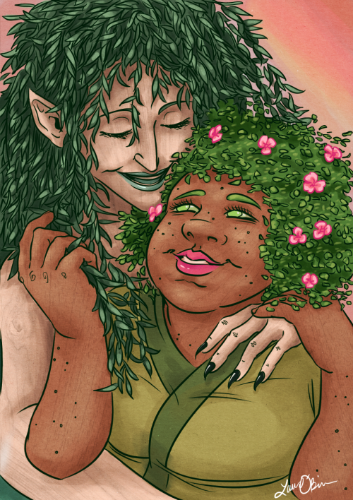 tazdelightful: [ID: A full-color, digital illustration of Hurley and Sloane, two dryads, holding eac