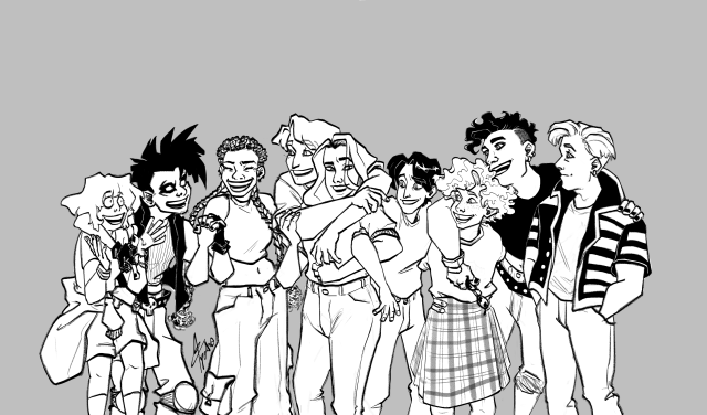 Illustrated black and white group picture of the full Young Justice team from the 1998 comics, mostly in civilian outfits, drawn from about the knees up. From left to right, Greta is human and seems to be animatedly talking about something, Slobo has his right arm slung over her shoulder and with his left hand he's holding up Anita's right hand, who is laughing with her left arm hidden behind Cassie who is hanging off of Cissie's shoulders. Cissie's right hand is lightly touching one of Cassie's arms, while with her left arm she's pulling Tim forward by his right arm. Tim's left arm is hidden behind Bart who is extending both his arms behind Tim and Kon respectively at the same time that Kon has his right arm slung over Bart's shoulders and is slightly laying his head over Bart's. Kon's left hand is holding onto Ray's left shoulder, who is looking at the rest of the team with a soft smile. Except for him, everyone seems to be speaking at the same time, with big smiles on their faces.