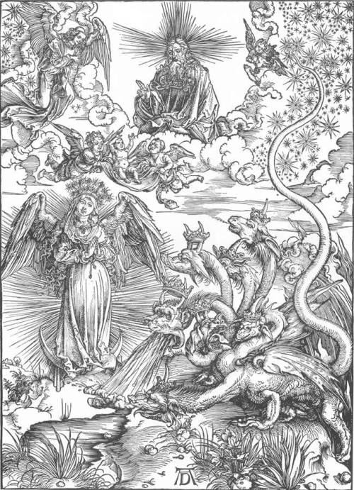 artist-durer: The woman clothed with the sun and the seven headed dragon, 1511, Albrecht DürerMedium