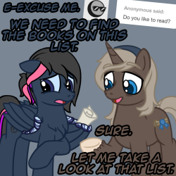 ask-acepony:Getting books are difficult as I need to send somepony to get them in Canterlot for me. So I limit myself to only read practical books I need.Featuring: ParchX3!