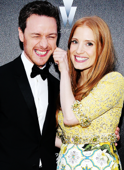 fionagoddess:  James McAvoy and Jessica Chastain attend ‘The Disappearance Of Eleanor Rigby’ 67th Cannes Film Festival pre-screening reception hosted by The Weinstein Company, Myriad Pictures &amp; Chopard at Albane by Costes, JW Marriott Rooftop