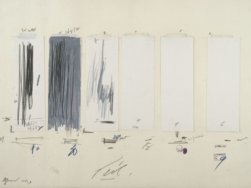 atmospheric-minimalism:  Cy Twombly, Untitled, 1970, Crayon, graphite pencil, ink, oil stick, colored pencil, tape, and cut and torn paper on paper