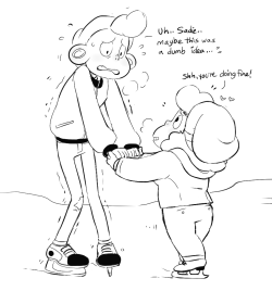 kalecaruba:  jankybones gave me the prompt to draw sadie trying to get lars to ice skate and him being a wobbly noodle baby about it, rofl 