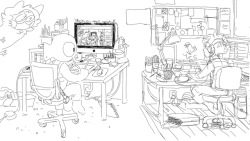 momosweetpeach:Me and @miraculoustang drew our workspaces!!! cool drawings by me (left) and momo! (right) 