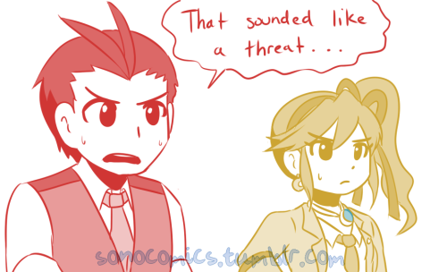 sonocomics:  I’m not sure of exactly when it is, but I’m pretty sure I remember Apollo justshrugging off some vague threat to Phoenix at one point and I was just likebro  Click HERE to check out more Spirit of Justice comics!     Click HERE to view