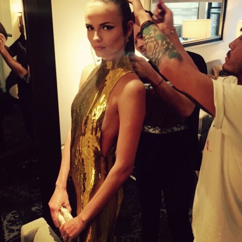 Natasha Poly getting ready for the 2015 Met Gala