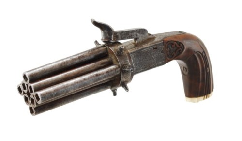peashooter85:A percussion pepperbox pistol originating from Belgium, early to mid 19th century.