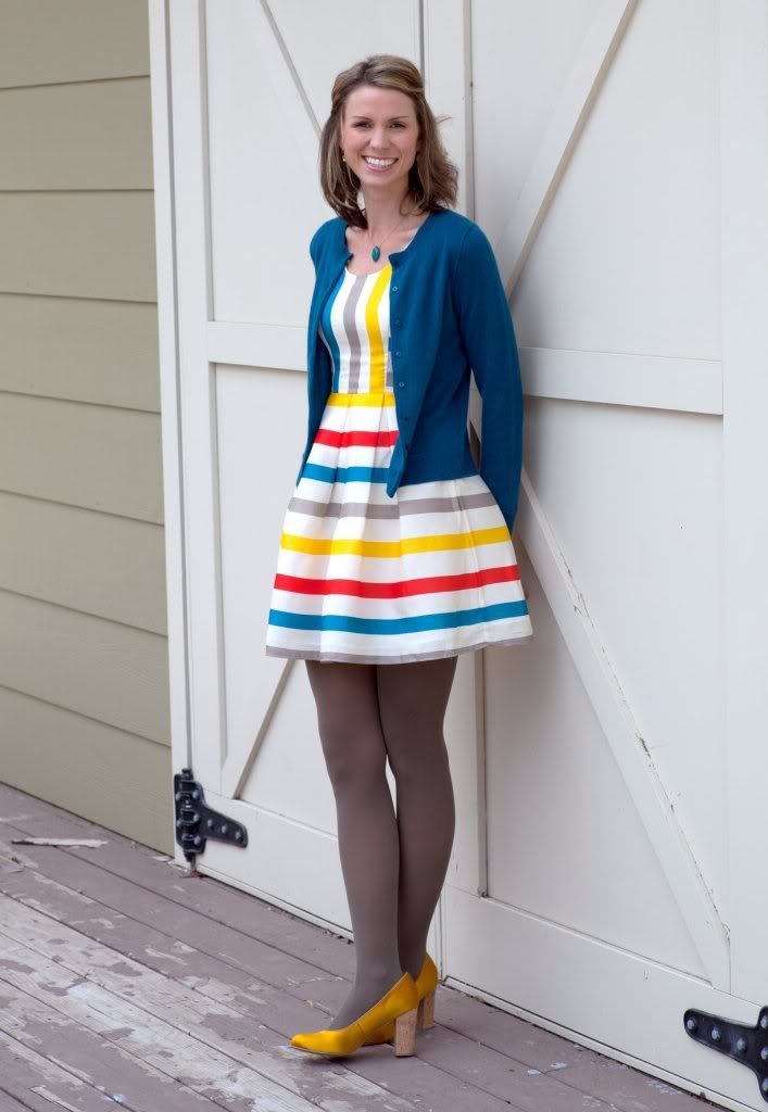 tightsobsession:  Striped dress with tan tights and yellow heels. Tights week starts