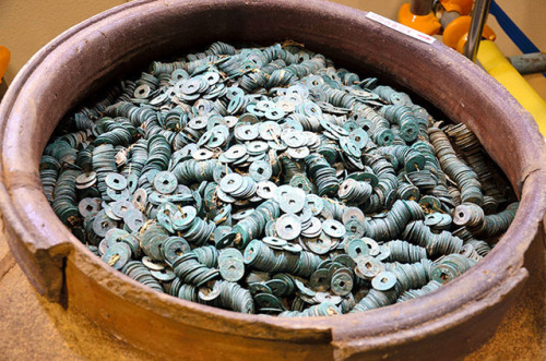 Japanese ceramic jar with over 100,000 coins, dating from 1400-50 AD,during the Muromachi period.  I