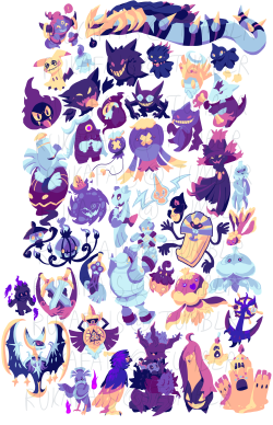 rukafais:  So hey, I drew every single ghost Pokemon! Ghost Pokemon sure are neat, aren’t they? The original sketch, for comparison! ORDER ON TICTAIL | COMMISSIONS 