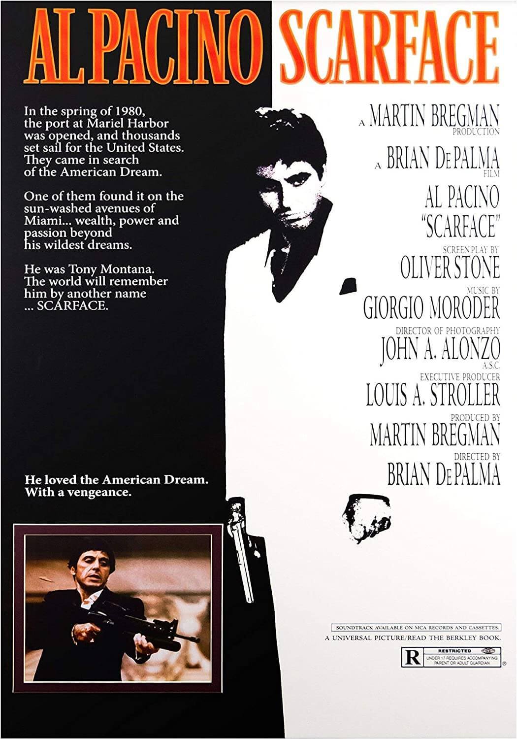 <p>Scarface (1983) - Al Pacino 80s poster. “He loved the American Dream. With a vengeance”.</p>