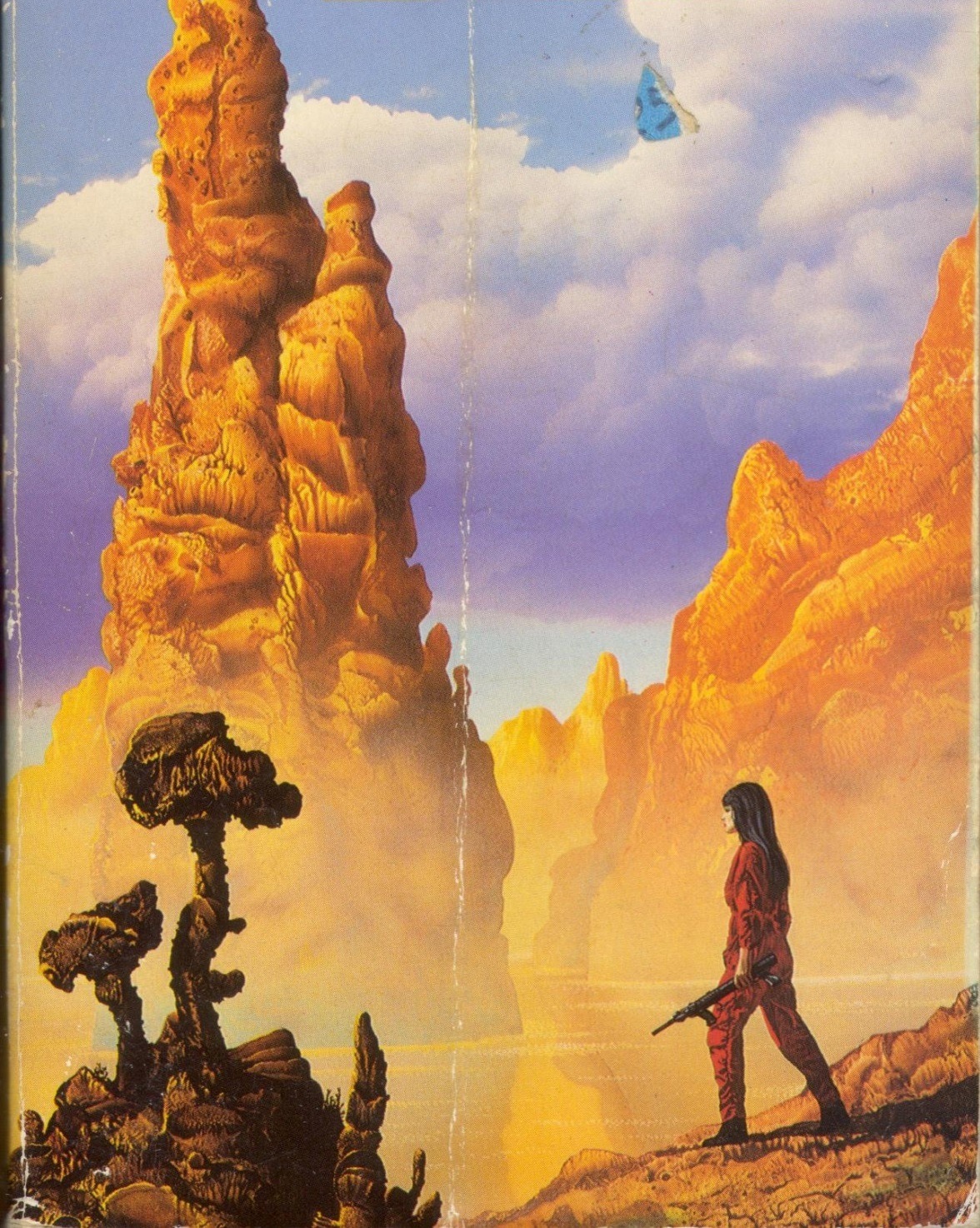 70sscifiart:  Two versions of a landscape by Tim White. The second one was used as