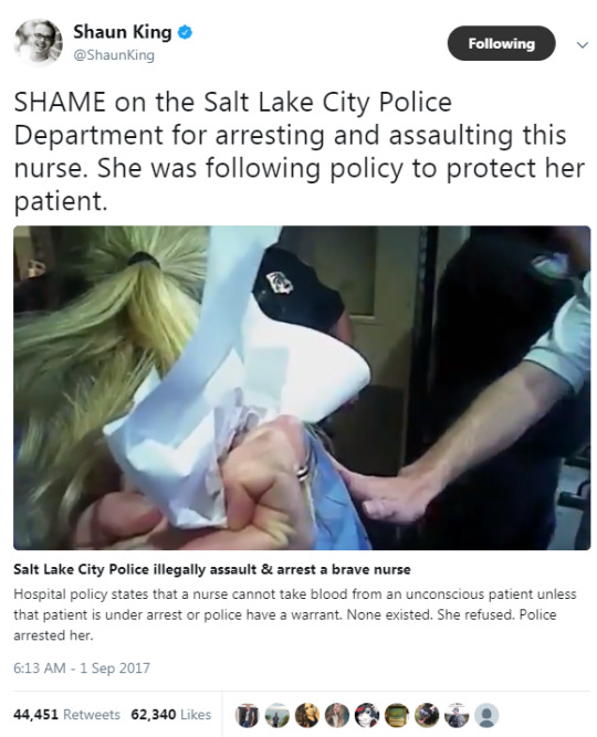 onlyblackgirl:   jaimields:   cartnsncreal:      Everyone in America should rightly be pissed about this! Out-of-control cops violating our civil liberties w/ impunity        I saw someone’s Facebook response saying “if they’ll do this to a nurse