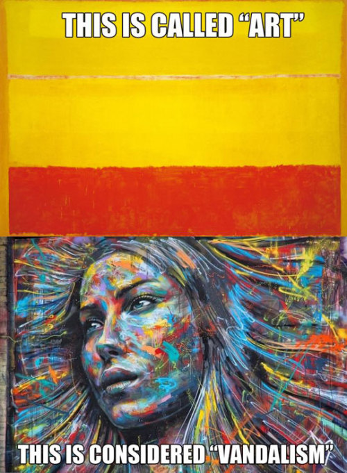 advice-animal:  What Defines Art?http://advice-animal.tumblr.com/  That would make sense if calling something vandalism precluded the possibility that its art.  Which it does.  The terms are irrespective. 