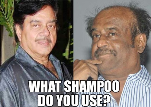 Rajanikanth is wondering why shatrugn sinha has so much hair at this age.