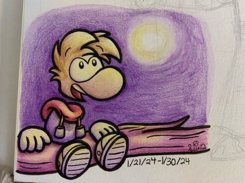 A drawing of a happy Rayman sitting on a tree branch. He's in a purple environment and is looking at a yellow ball of light.