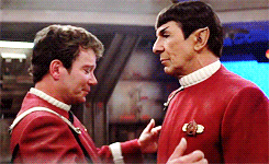 starcruising:  #no one will ever be able to convince me that kirk wasn’t going for a kiss #no one hugs by pulling someone in with their shoulders #and he tilts his head up #AND licks his lips #bye 
