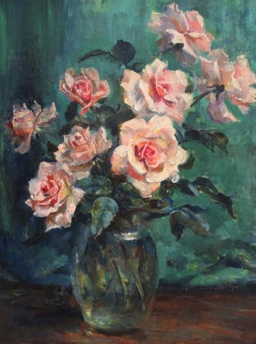 Still Life with Pink Roses  -  Dora MeesonAustralian,1869-1955oil on panel 39 x 29 cm.