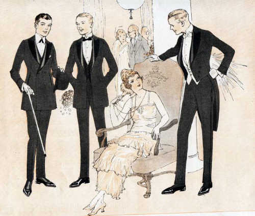 1890-1919. White tie tuxedo illustrations. Note the unusual styles in the 2nd and 9th image (the cuf