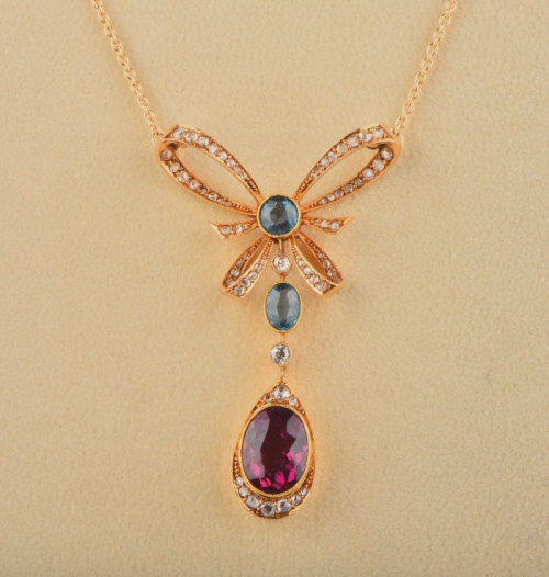 Spectacular Edwardian natural rubellite and rose cut diamond necklace 