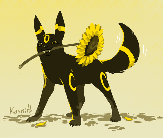 Drawing of the dog-like Pokemon Umbreon, holding a sunflower in his mouth and wagging his tail happily. His paws are muddy hand he is surrounded by muddy paw prints and fallen flower petals.