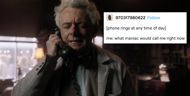 aziraphale standing in his bookshop, holding a phone to his ear. his eyes are closed and his brow is furrowed in a pained or frustrated expression. a text post next to him reads: [phone rings at any time of day] me: what maniac would call me right now