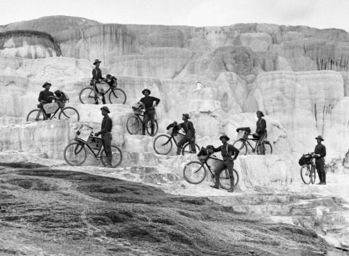 25th US Army Infantry Bicycle Corps at Minerva Terrace, Yellowstone Park, 1896.